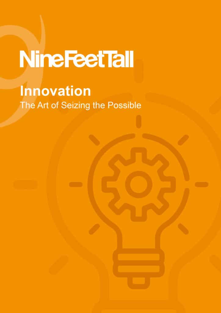 Nine Feet Tall's book Innovation the art of seizing the possible, with an orange cover and a lightbulb icon.